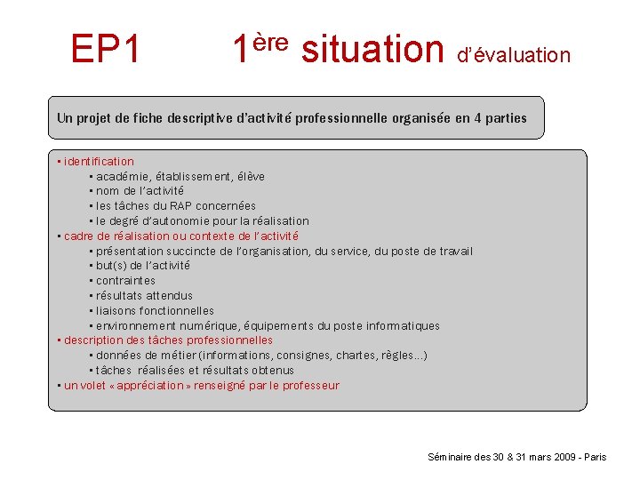  EP 1 1ère situation d’évaluation Un projet de fiche descriptive d’activité professionnelle organisée