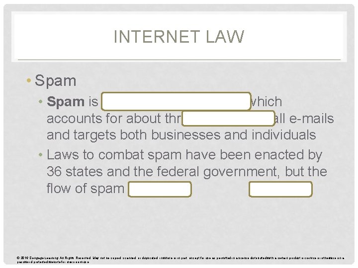 INTERNET LAW • Spam is unsolicited junk e-mail, which accounts for about three-quarters of