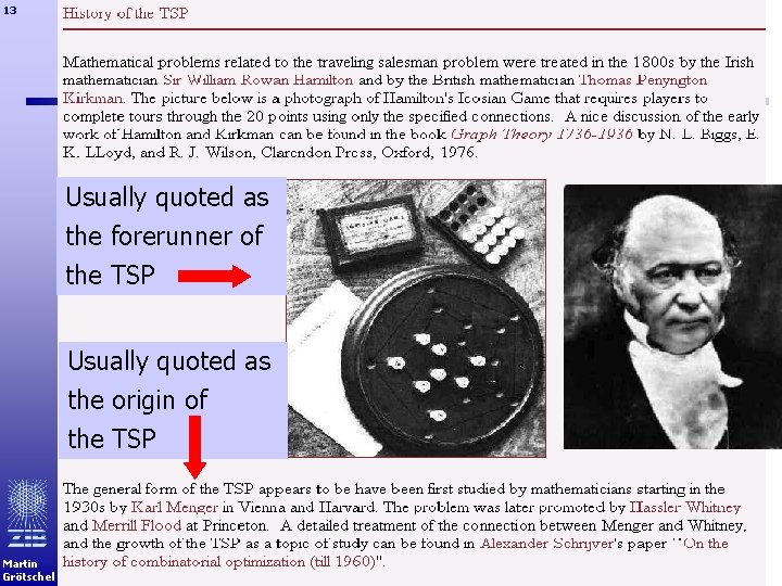13 Usually quoted as the forerunner of the TSP Usually quoted as the origin