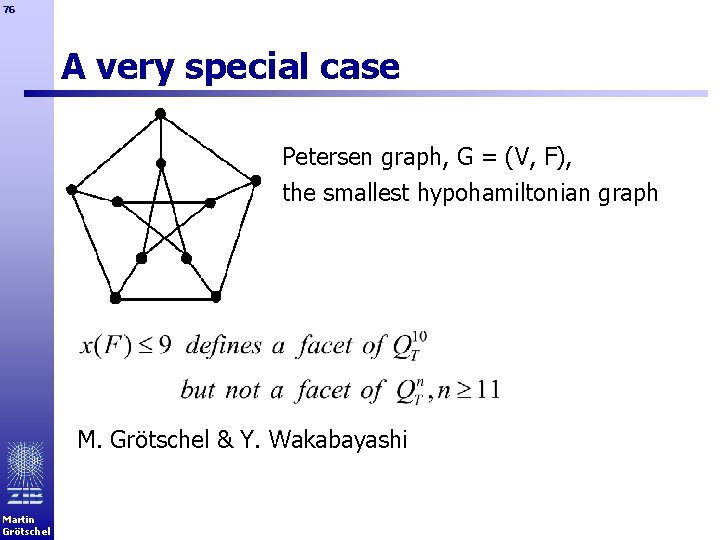 76 A very special case Petersen graph, G = (V, F), the smallest hypohamiltonian