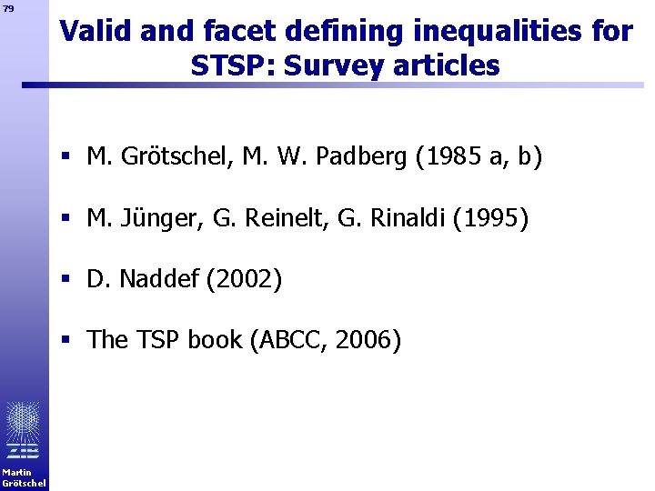 79 Valid and facet defining inequalities for STSP: Survey articles § M. Grötschel, M.