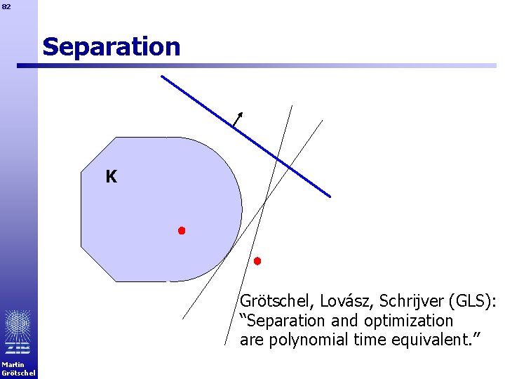 82 Separation K Grötschel, Lovász, Schrijver (GLS): “Separation and optimization are polynomial time equivalent.
