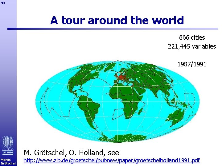 98 A tour around the world 666 cities 221, 445 variables 1987/1991 M. Grötschel,