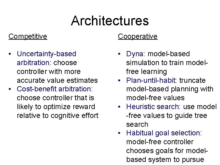 Architectures Competitive Cooperative • Uncertainty-based arbitration: choose controller with more accurate value estimates •