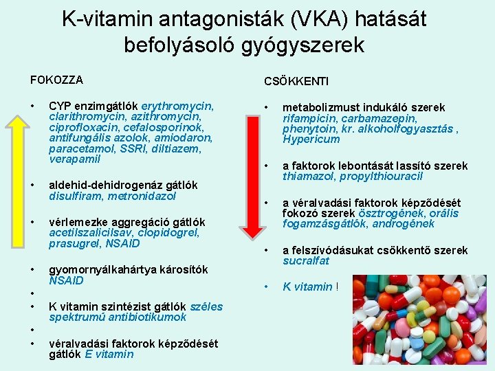 K-vitamin antagonisták (VKA) hatását befolyásoló gyógyszerek FOKOZZA CSÖKKENTI • • metabolizmust indukáló szerek rifampicin,