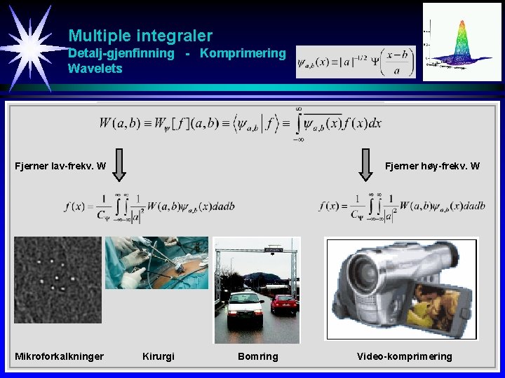 Multiple integraler Detalj-gjenfinning - Komprimering Wavelets Fjerner lav-frekv. W Mikroforkalkninger Fjerner høy-frekv. W Kirurgi