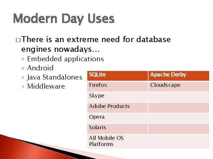 Modern Day Uses � There is an extreme need for database engines nowadays… ◦