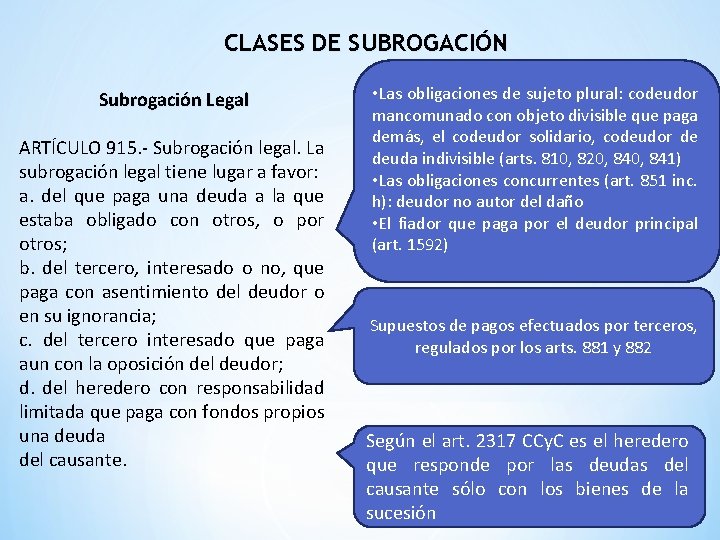 CLASES DE SUBROGACIÓN Subrogación Legal ARTÍCULO 915. - Subrogación legal. La subrogación legal tiene