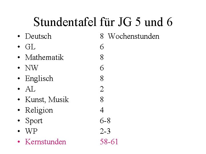 Stundentafel für JG 5 und 6 • • • Deutsch GL Mathematik NW Englisch