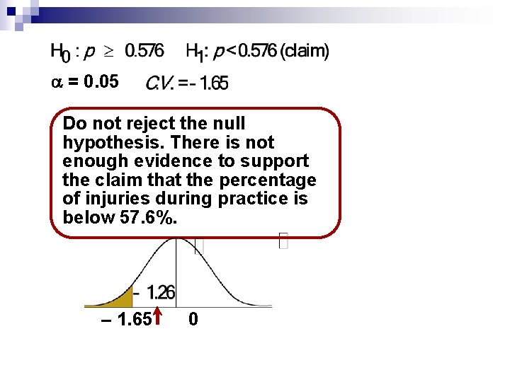  = 0. 05 Do not reject the null hypothesis. There is not enough