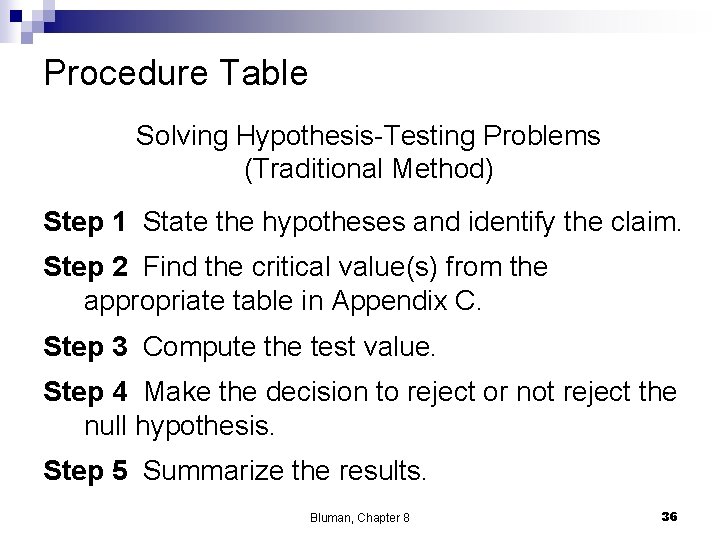 Procedure Table Solving Hypothesis-Testing Problems (Traditional Method) Step 1 State the hypotheses and identify