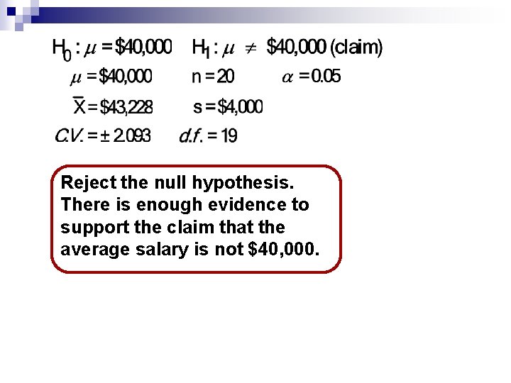 Reject the null hypothesis. There is enough evidence to support the claim that the