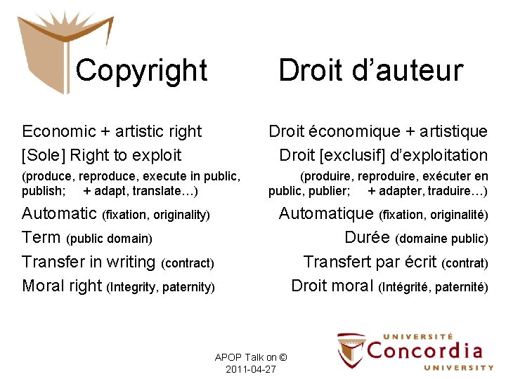 Copyright Droit d’auteur Economic + artistic right [Sole] Right to exploit Droit économique +