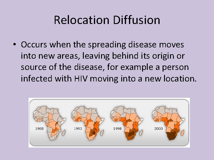 Relocation Diffusion • Occurs when the spreading disease moves into new areas, leaving behind