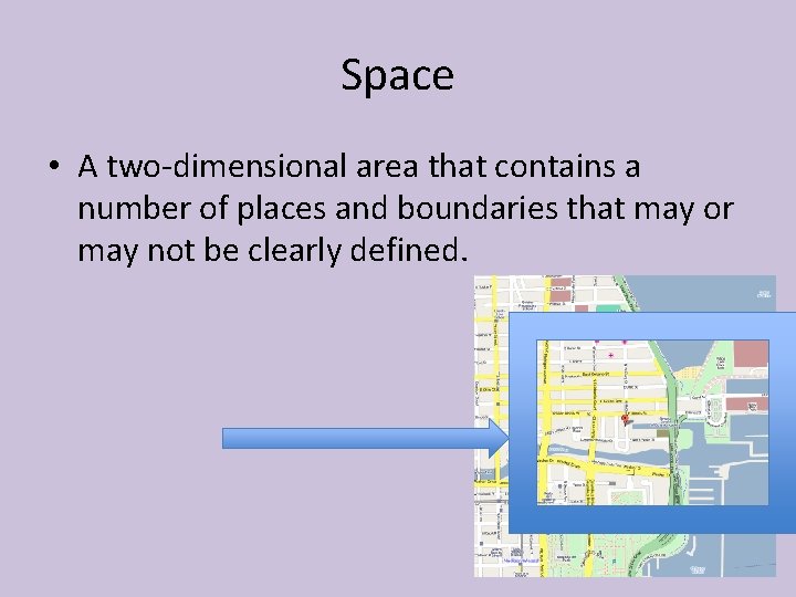 Space • A two-dimensional area that contains a number of places and boundaries that