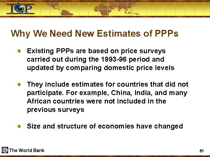 Why We Need New Estimates of PPPs Existing PPPs are based on price surveys