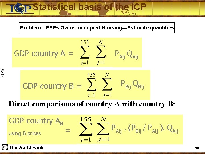 Statistical basis of the ICP Problem—PPPs Owner occupied Housing---Estimate quantities GDP country A =