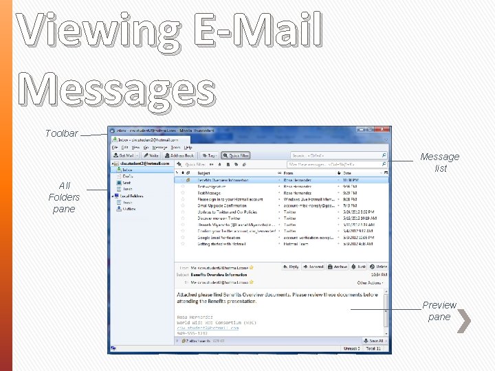 Viewing E-Mail Messages Toolbar Message list All Folders pane Preview pane 