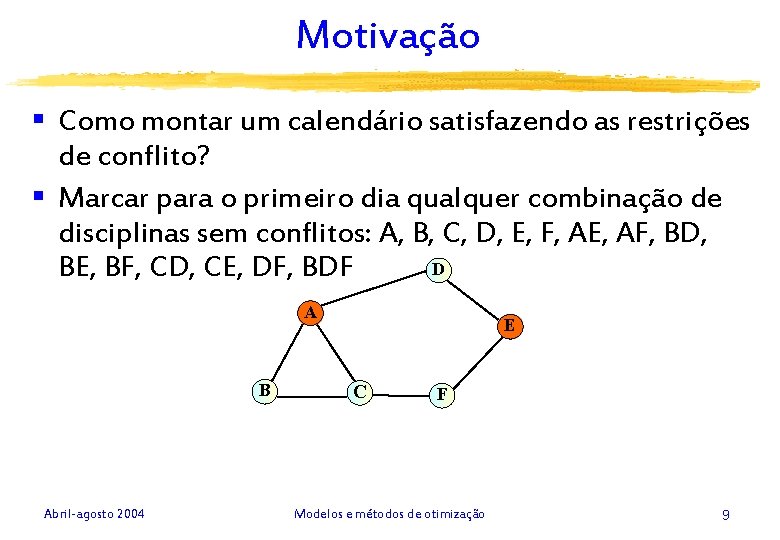 Motivação § Como montar um calendário satisfazendo as restrições de conflito? § Marcar para