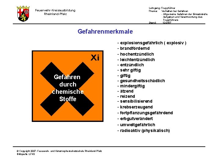 Lehrgang: Truppführer Thema: Verhalten bei Gefahren - Allgemeine Gefahren der Einsatzstelle Aufgaben und Verantwortung