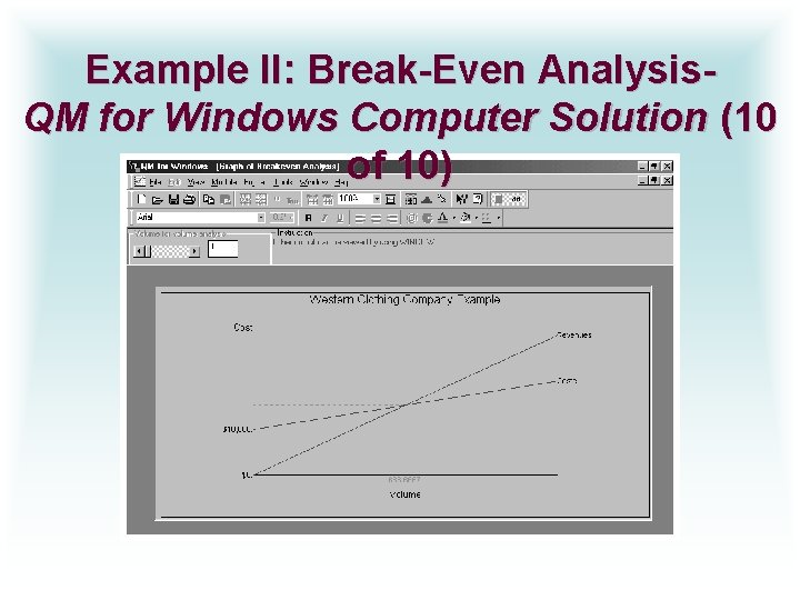 Example II: Break-Even Analysis. QM for Windows Computer Solution (10 of 10) 