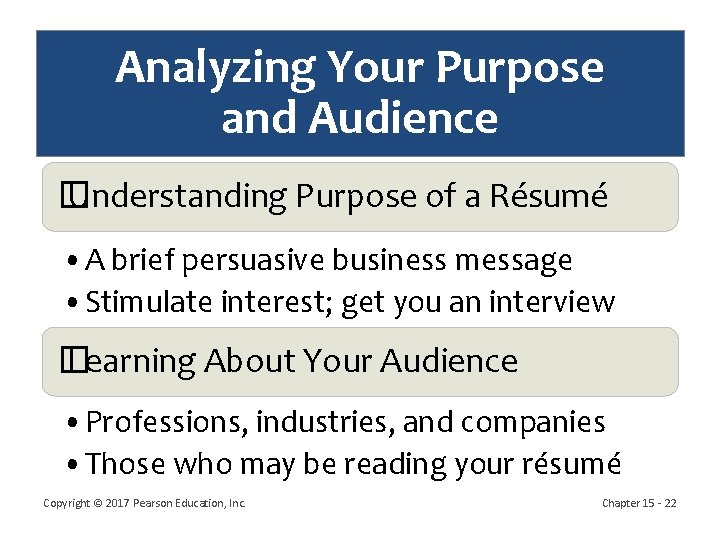 Analyzing Your Purpose and Audience � Understanding Purpose of a Résumé • A brief