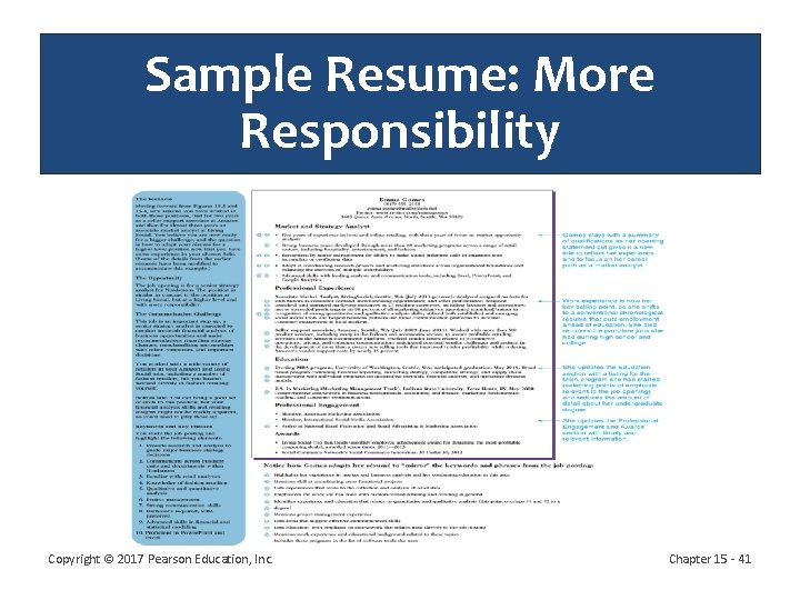 Sample Resume: More Responsibility Copyright © 2017 Pearson Education, Inc. Chapter 15 - 41 Sample Resume: More Responsibility Copyright © 2017 Pearson Education, Inc. Chapter 15 - 41