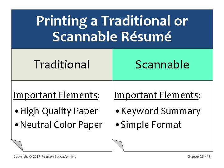 Printing a Traditional or Scannable Résumé Traditional Scannable Important Elements: • High Quality Paper