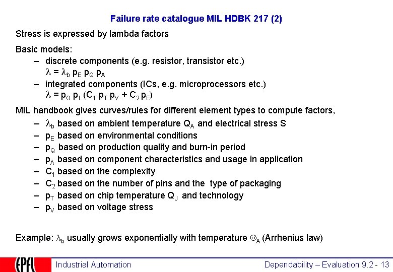 Failure rate catalogue MIL HDBK 217 (2) Stress is expressed by lambda factors Basic