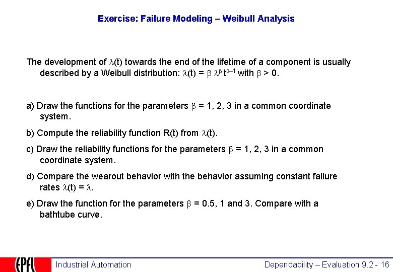 Exercise: Failure Modeling – Weibull Analysis The development of (t) towards the end of