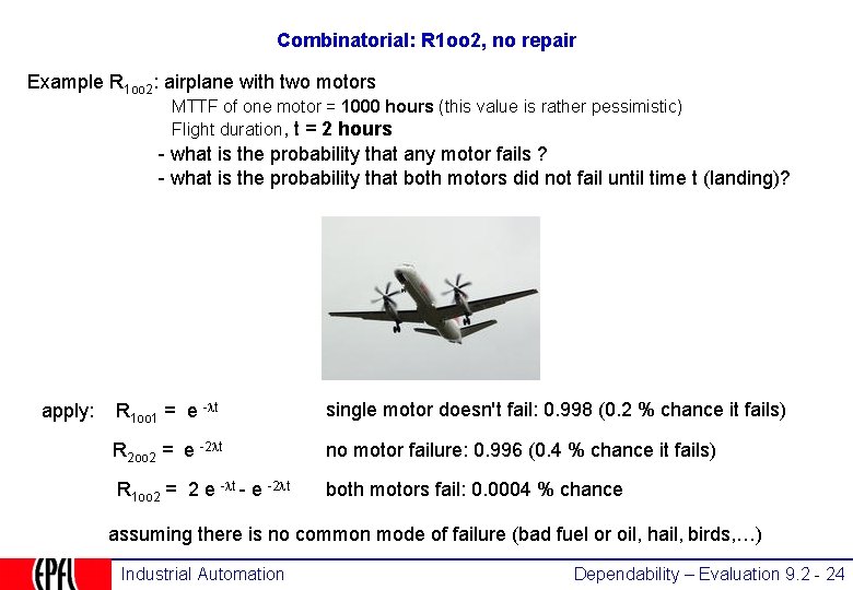 Combinatorial: R 1 oo 2, no repair Example R 1 oo 2: airplane with