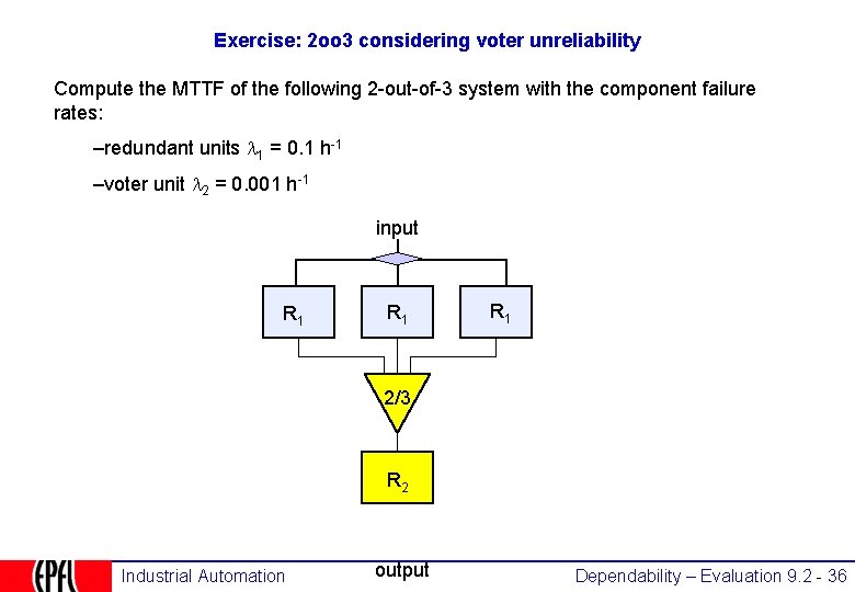 Exercise: 2 oo 3 considering voter unreliability Compute the MTTF of the following 2