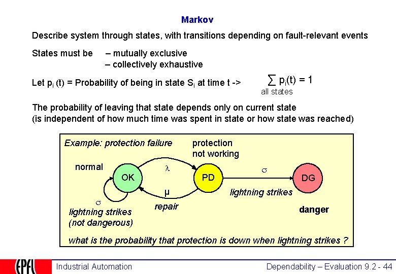 Markov Describe system through states, with transitions depending on fault-relevant events States must be