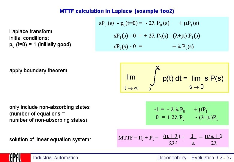 MTTF calculation in Laplace (example 1 oo 2) + P 1(s) s. P 0
