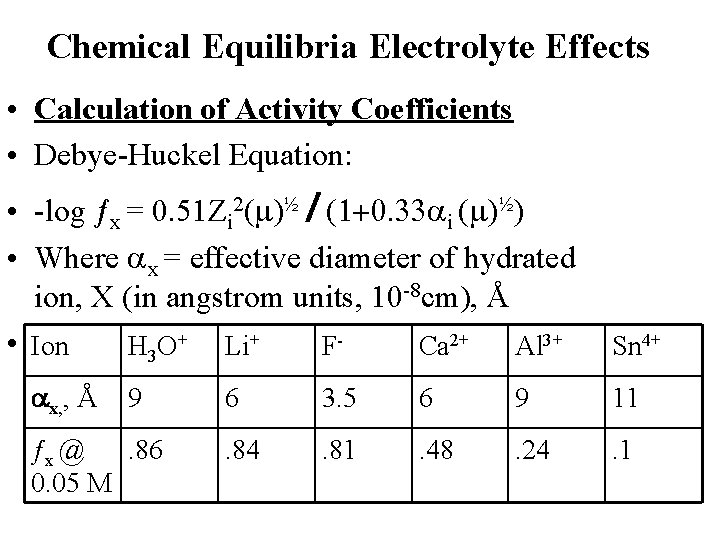 Chemical Equilibria Electrolyte Effects • Calculation of Activity Coefficients • Debye-Huckel Equation: • -log