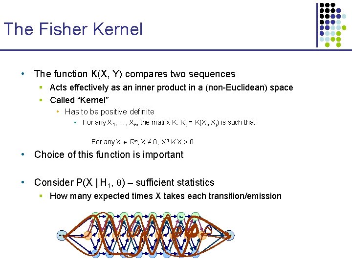 The Fisher Kernel • The function K(X, Y) compares two sequences § Acts effectively