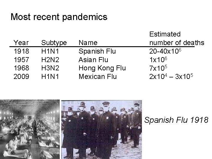 Most recent pandemics Year 1918 1957 1968 2009 Subtype H 1 N 1 H
