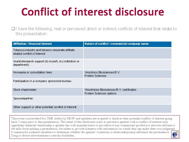 Conflict of interest disclosure q I have the following, real or perceived direct or