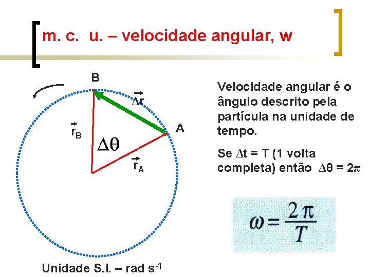 m. c. u. – velocidade angular, w B ∆r A r. B r. A