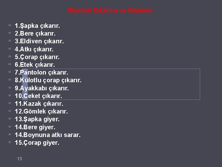 Giysileri Çıkarma ve Giyinme 1. Şapka çıkarır. 2. Bere çıkarır. 3. Eldiven çıkarır. 4.