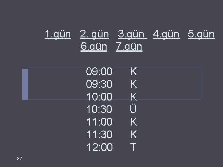  1. gün 2. gün 3. gün 4. gün 5. gün 6. gün 7.