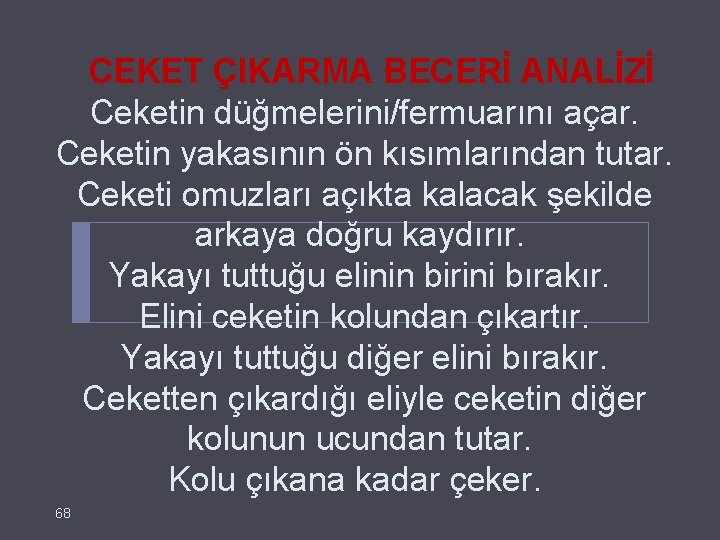  CEKET ÇIKARMA BECERİ ANALİZİ Ceketin düğmelerini/fermuarını açar. Ceketin yakasının ön kısımlarından tutar. Ceketi