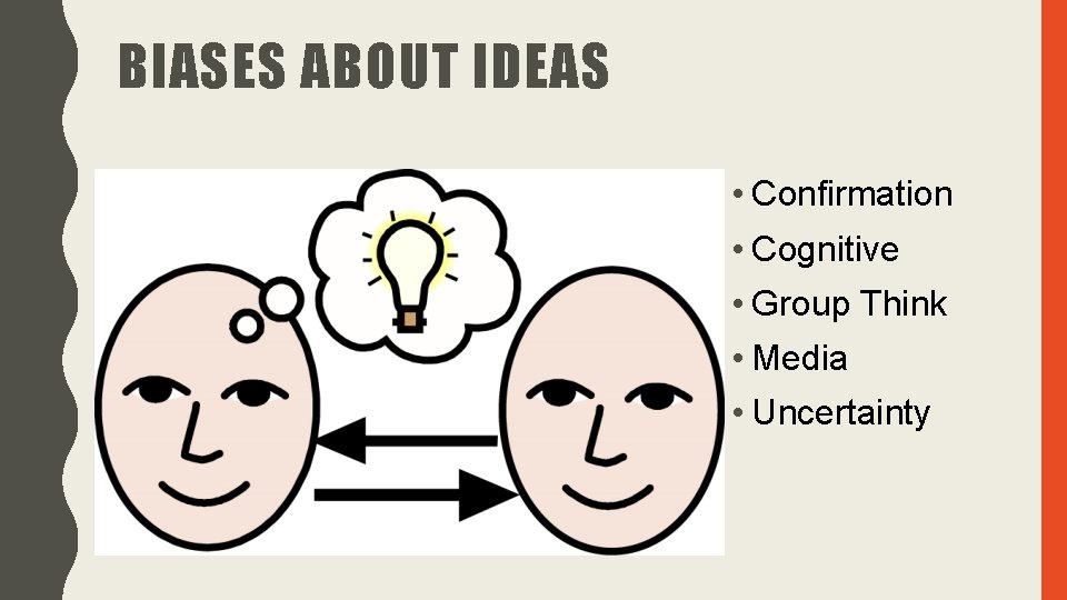 BIASES ABOUT IDEAS • Confirmation • Cognitive • Group Think • Media • Uncertainty