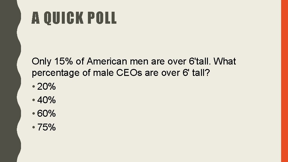 A QUICK POLL Only 15% of American men are over 6'tall. What percentage of