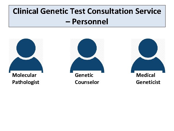 Clinical Genetic Test Consultation Service – Personnel Molecular Pathologist Genetic Counselor Medical Geneticist 