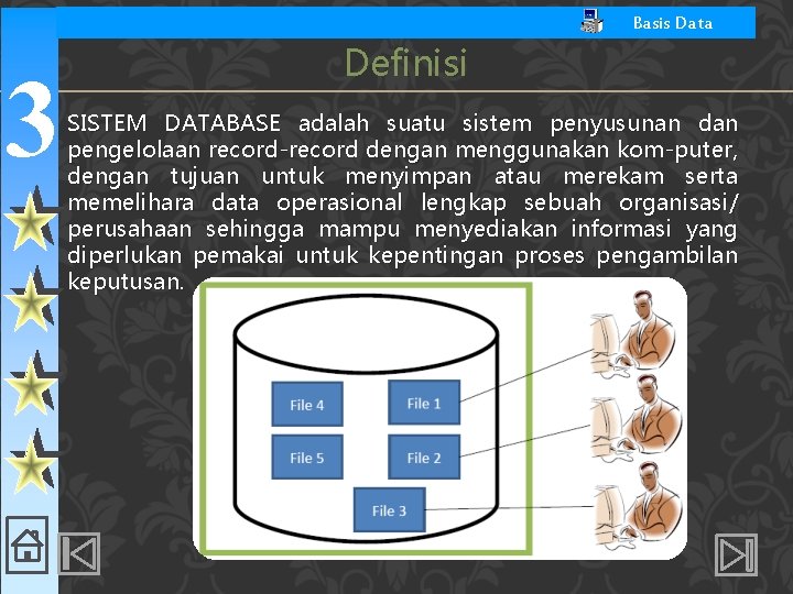 Basis Data 3 Definisi SISTEM DATABASE adalah suatu sistem penyusunan dan pengelolaan record-record dengan
