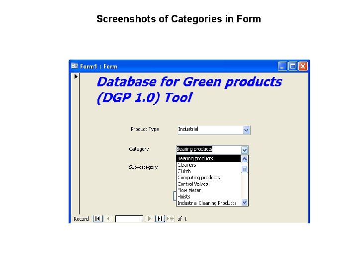 Screenshots of Categories in Form 