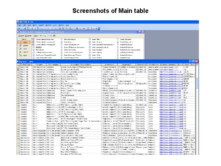 Screenshots of Main table 