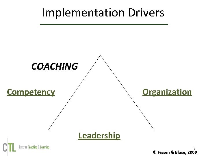 Implementation Drivers COACHING Competency Organization Leadership 7 © Fixsen & Blase, 2009 