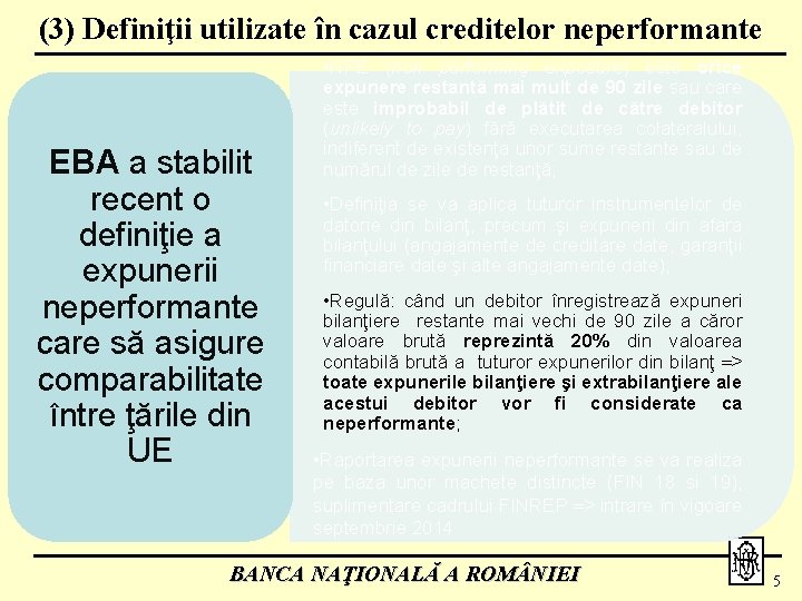 (3) Definiţii utilizate în cazul creditelor neperformante EBA a stabilit recent o definiţie a